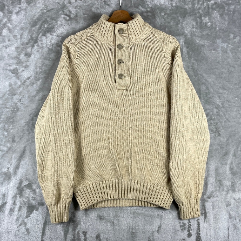 L.L. Bean Sweater Men M Tall Beige Cotton Button Neck Mock Neck 285197